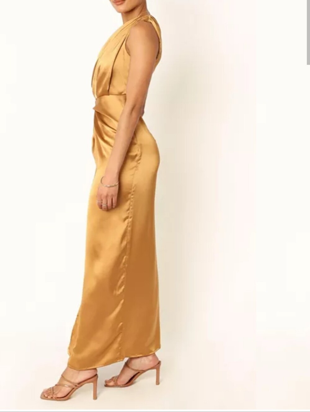 PETAL PUP GOLD NADIA SATIN One-Shoulder Gold Satin Evening Dress Maxi Queen - Picture 5 of 15